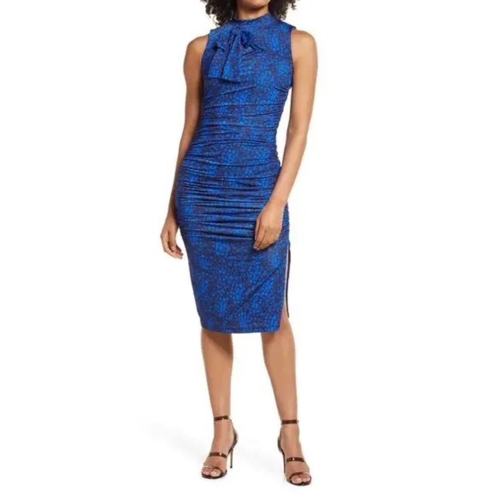 Adrianna Papell Blue Ruched Midi Dress